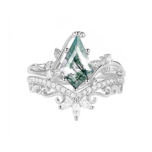 14K Natural Moss Agate Ring Set for Women 10K/14K/18K Solid Gold Kite Cut Moss Agate Engagement Ring Set Moss Agate Ring Set Wedding Bands for Mother’s Day Women Ladies Her2