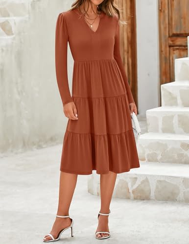 ZESICA Women's Long Sleeve Fall Dresses 2025 Fashion V Neck Casual Loose Ruffle Flowy A Line Tiered Midi Dress2