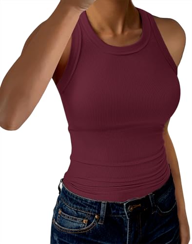 GKBK Womens Tank Tops High Neck Sleeveless Ribbed Tank Casual Basic Thick Strap Slim Fitted Racerback Shirts Wine Red XL