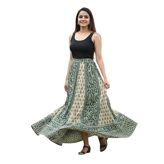 Image of HARSHITA-Enterprises Jaipuri Women's Cotton Printed Elastic Long Skirts