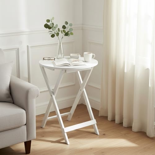 INDE MOBLEKIT | Mesa Auxiliar Plegable de Madera Blanca 40x49,5 cm, Mesita Redonda Plegable Pequeña para Salón, Sofá o Cama, Mesa Auxiliar Salón, Mesas Plegables Portátiles Hogar