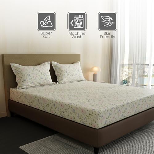 Image of Layers 100% Cotton Bedsheet for Double Size Bed | Lumina Floret Collection | 144 TC Soft & Breathable | Floral Print with 2 Pillow Covers | Wrinkle Free & Colorfast | 3 Piece Bedding Set - Multicolor