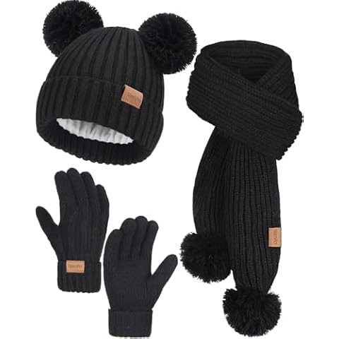 Remifa Kids Winter Gloves Hat Scarf Set for Cold Weather, Children Fleece Lined Knit Pom Poms Beanie & Neck Warmer & Mittens Christmas Gifts for 9 10 11 12 13 14 15 Years Old Teen Girls Boys - Black Cover