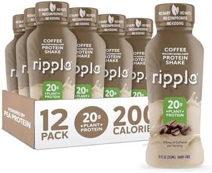Ripple Coffee Plant Based Protein Shake | 20g of Quality Sourced Pea Protein, 100mg Caffeine, Calcium | Shelf Stable | Vegan & Non GMO | Dairy, Soy, Nut, & Gluten Free | 12 Fl Oz Bottles (Pack of 12)