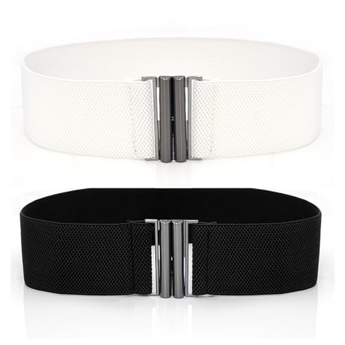 2 Pack Women's Stretch Waist Belts - Wide Adjustable Dress Belt (Black/White)
