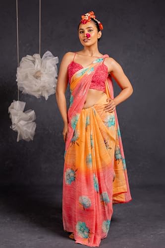 Image of MIRCHI FASHION Saree for Woman Georgette Floral and Leaf Printed | Elegant Farewell and Ceremonial Women's Sari with Blouse Piece