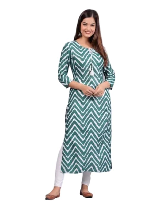 Image of Women's Round Neck Wave Printed Dark Green Regular Fit 3 /4th Sleeves Kurti