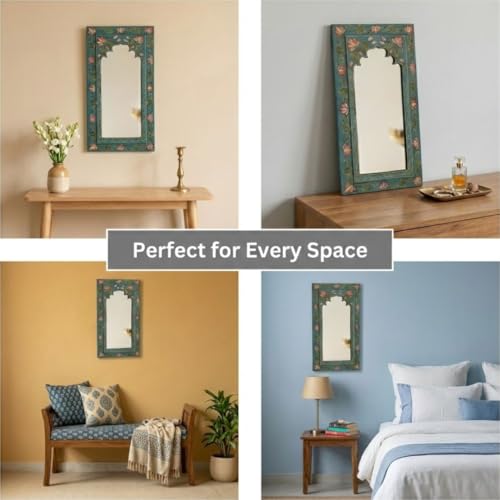 Image of Midnight Blue Handpainted Wooden Mirror | Handcrafted Arch Design with Floral Motifs | Rajasthani Traditional Jharokha Style Mirror | Framed Wall Hanging for Home, Bedroom |18x9.5 Inch