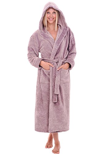 Alexander Del Rossa Womens Robe, Long Plush Bathrobe with Hood, Hooded Robes for Women Plus Size Bath Robe, Mauve With Polka Dots, Medium