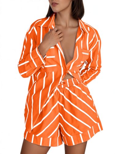 Image of Tankaneo Womens Striped 2 Piece Outfits Button Down Shirts and Shorts Lounge Matching Sets