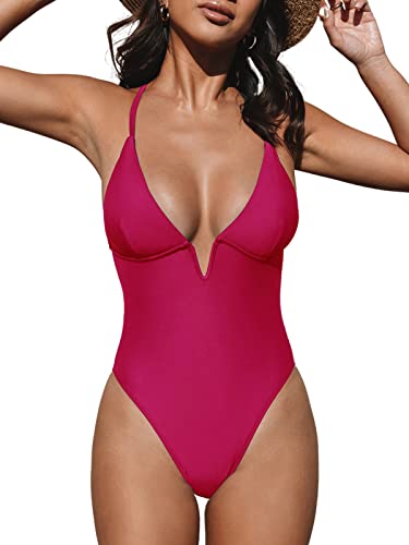 CUPSHE Women Swimsuit One Piece Bathing Suit Deep V Neck Crisscross Back Adjustable Strap Rose Red M