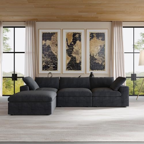 Image of JACH L-Shaped Cloud Sectional Couches for Living Room, Modular Convertible Sofa, Ottoman with Storage, Thick Cushions, Couch Covers Removable, Cloud Sectional Sofas for Apartment (Black)