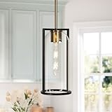 KSANA Black Gold Pendant Light Cylinder Glass Shade, Modern Farmhouse Pendant Hanging Light Fixture with Electroplated Copper Finish for Kitchen Island, Dining Rooms, Foyers