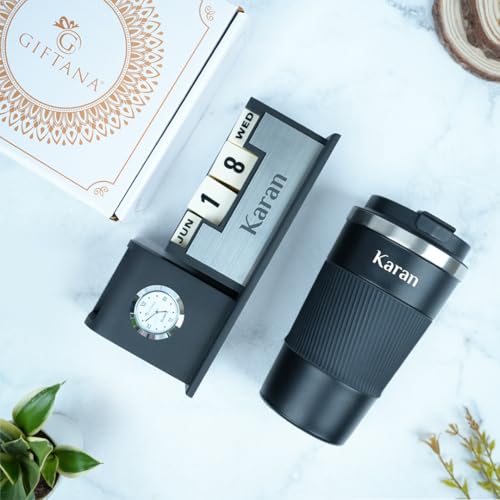Image of Giftana Personalized Coffee Tumbler 510ml, Desk Organizer Gift Set for Men and Women, 2 in 1 Personalized Gifting Items, New Year Corporate Gift for Employee, Customized Employee Welcome Kit (Black)