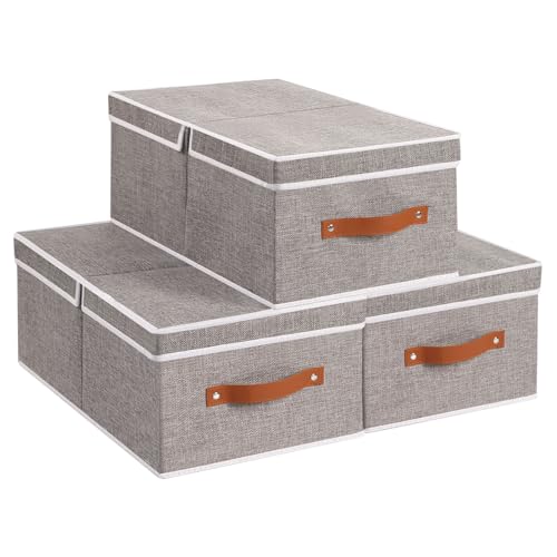 YheenLf Storage Bin with Double-Open Lid, 3-Pack Decorative Fabric Organizer Container Baskets for Organizing with Handles for Shelves, Collapsible Clothes Boxes, Gray, 33×23×14 cm