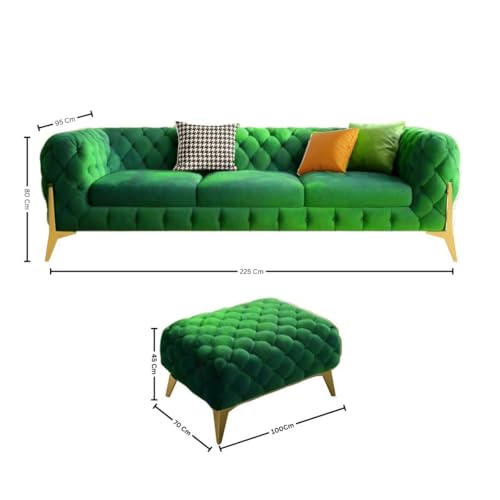 Image of A to Z Furniture Modern Classic Fabric & Valvet Tufted Chesterfield Sofa Living Room and Office (3+1= 4 Seater Sofa Set with Footrest Green)