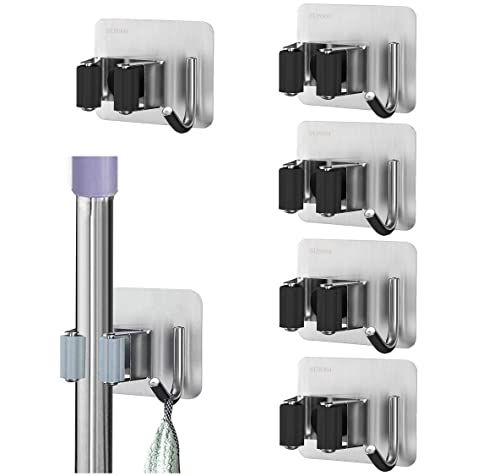 5 Colgador Escobas y Fregonas - Escobero Adhesivo Pared - Soporte Cuelga Palo Escoba sin Agujeros - Ganchos para Herramientas y Cosas de Baño y Cocina Cover