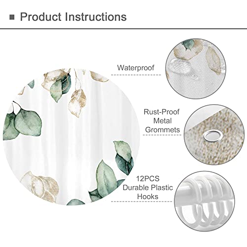 Omifly Eucalyptus Shower Curtain 60Wx72H Inch Green Leaves Gold Watercolor Plant Nature Botanical Leaf Floral Bathroom Set With 12 Plastic Hooks Fabric Waterproof Toilet Accessories Decor #TOP2