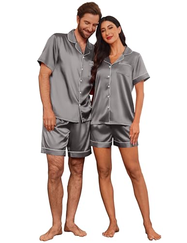 Image of Ekouaer Couple Matching Pajamas Sets Silk Short Sleeve Button Down Sleepwear Satin Pjs Shorts Set Soft Loungewear S-XXL