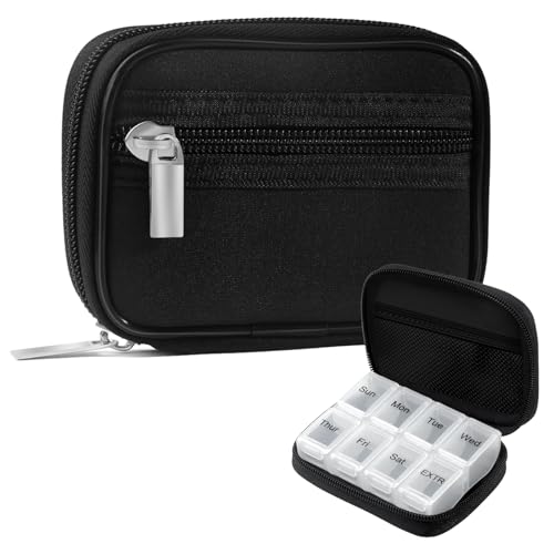Image of Pill Case Weekly Travel Pill Organizer for Purse with Removable 7 Day Pill Box Premium Neoprene Pill Container for Travel Purse Accessory, Vitamin, Supplement, Small Pieces Arrangement-Elegant Black