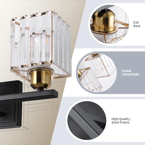 Image of She's home 28 Inch Black Gold Vanity Light for Bathroom 4 Lights, Bathroom Wall Light Fixture Over Mirror with Crystal Shade