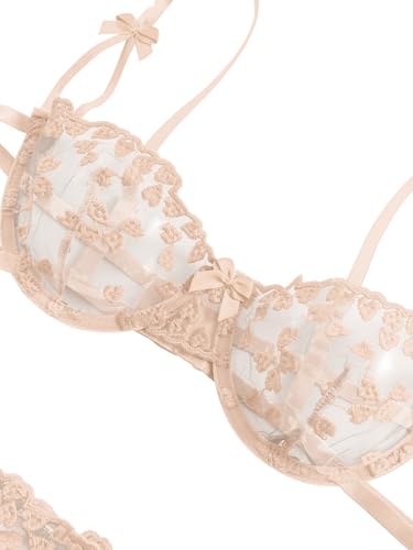 Image of Lilosy Sexy Tie Side Cute Underwire Push Up Strappy Embroidered Mesh Sheer Lingerie Set