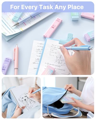 Four Candies Mechanical Pencil Set - 0.7mm (Medium Point), 6PCS Cute Pencils Mechanical with 360PCS (HB & 2B) Lead Refills & 12PCS Erasers & 1PCS Storage Case, Pastel Aesthetic Lead Pencils for School