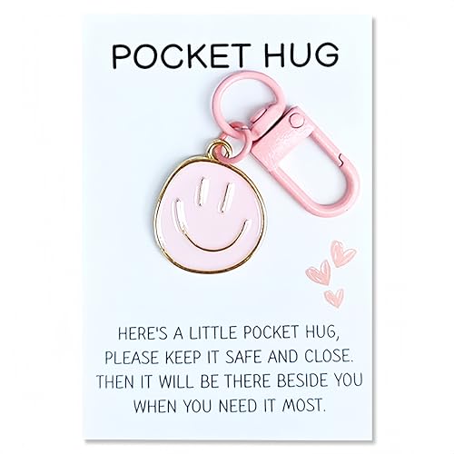 YOJO Pocket Hug Keychain Smiley Face Pocket Hug Keychain with Sentiment Card Emotional Support Keepsake Exchange Cards for Christmas Employee Appreciation (Pink)