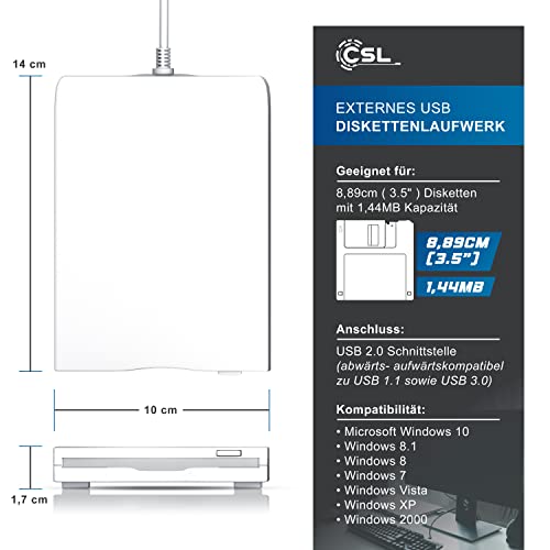 CSL - Externes USB Diskettenlaufwerk FDD 1,44MB 3,5 Zoll - PC und MAC - Slimline Floppy Disk Drive Extern - Portable - Plug and Play - in weiß - Windows 11 fähig