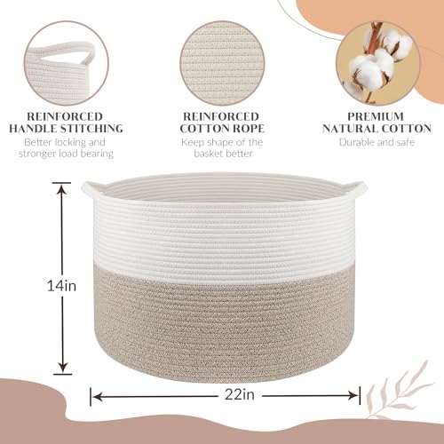 Maliton Aufbewahrungskorb für Wohnzimmer, Wäschekorb Geflochten aus Baumwollseil,Spielzeug Korb mit Griffen,Korb für Kuscheltiere,Wäsche,Decken,Kissen,Kleidung,50x33 cm,Weiß Braun