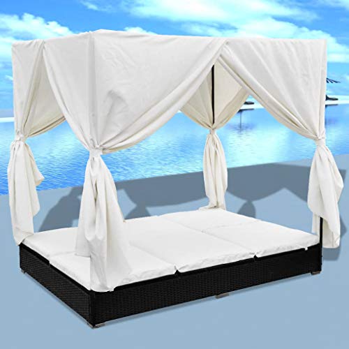 UnfadeMemory Tumbona Doble Jardin Ratn con Cortinas y Cojines,Tumbona Cama,Tumbona Chaise Longue,Muebles de Jardn o Playa,Ratn Sinttico,197x140x180cm (Negro y Blanco Crema)