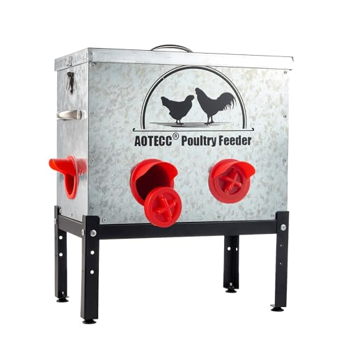 AOTECC 40lb Metal Chicken Feeder with 6 Ports, Locking Lid