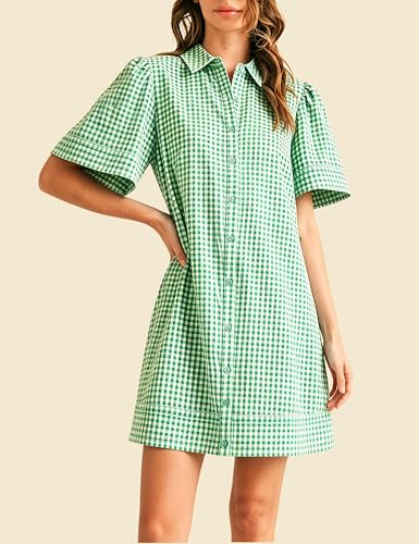 Image of Womens Short Sleeve Button Down Mini Shirt Dress Lapel Collar Short Dresses with Pocket