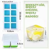 JRISBO Duża forma do kostek lodu z silikonu, nie zawiera BPA, 4,5 cm, pojemnik na kostki lodu XL, z pokrywką, certyfikat LFGB, 2 sztuki, można układać w stos, 70 ml, duża tacka na kostki do whisky