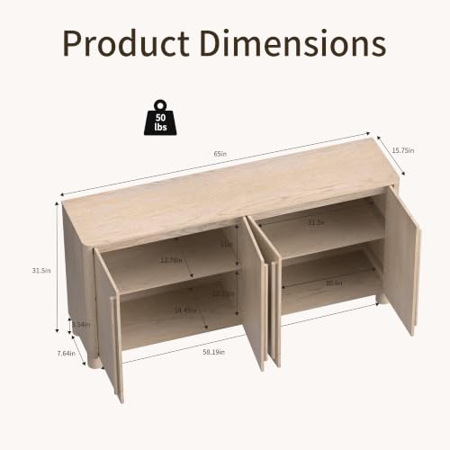 Image of 65 inch Sideboard Buffet Cabinets with Storage Set of 2 , Wood Grain Top Credenza with Adjustable Shelves, Curved Accent Cabinets with Round Legs for Dining Room, Living Room, Coffee Bar, Natural Wood