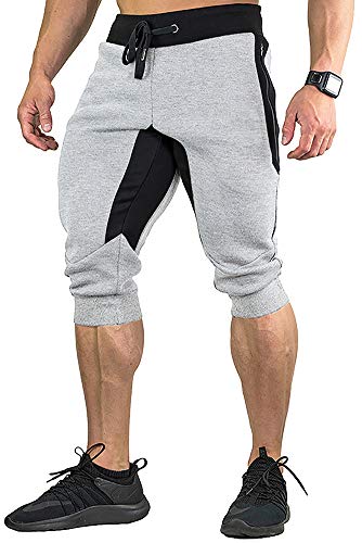 MINHAO Men's Cotton Casual Shorts 3/4 Jogger Capri Pants Athletic Gym Running Pants with Zipper Pockets Gray
