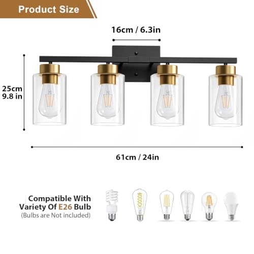 Image of IZORRO Bathroom Light Fixtures, Modern Vanity Lights, Bathroom Lighting Fixtures Over Mirror with Clear Glass Shade, Wall Sconce for Living Room Cabinet Bedroom (Black and Gold, 4-Light)
