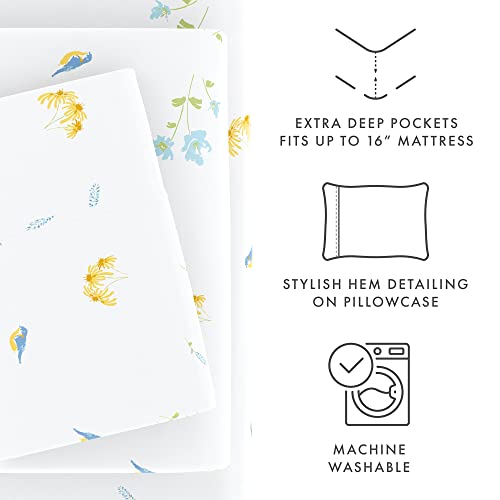 Merit Linens Breathable Hotel Style Twin Floral Bed Sheets | 4 Pc Blue Birds Sheet Set Deep Pocket | Lightweight, Cozy Sheets | Easy Care Flower Sheets (Twin, Bluebirds) #TOP1