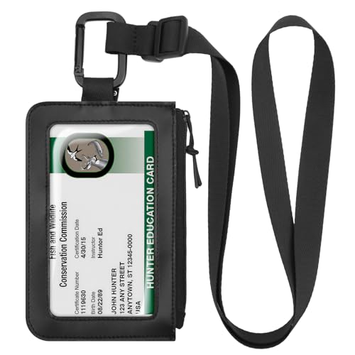Easecos Hunting License Holder with Adjustable Lanyard PU Leather Fishing License Holder Clear Window Tag Carrying Case with Metal Hook for Hunting Fishing Archery Permits