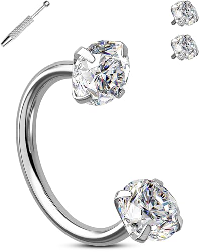 OUFER 18G Horseshoe Nose Rings Studs, 316L Surgical Steel Double Cubic Zirconia Nose Studs, Internally Threaded Nose Rings For Women, Lip Eyebrow Helix Ear Piercing Jewelry