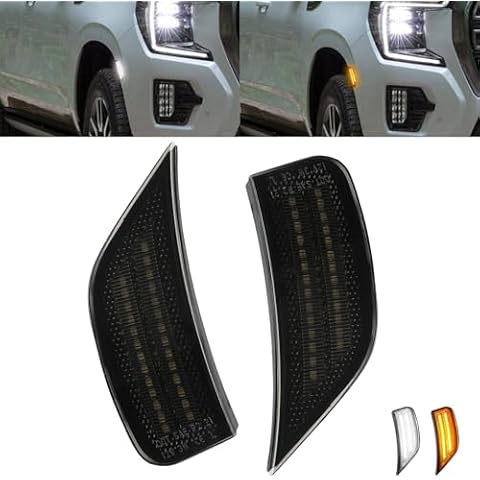ROCCS LED Amber & White Side Marker Lights Compatible with 2021 2022 2023 2024 GMC Yukon/Yukon XL/Yukon Denali/Chevy Tahoe/Suburban/Escalade/Escalade ESV Front Bumper Turn Singal Light,Smoled Lens Cover