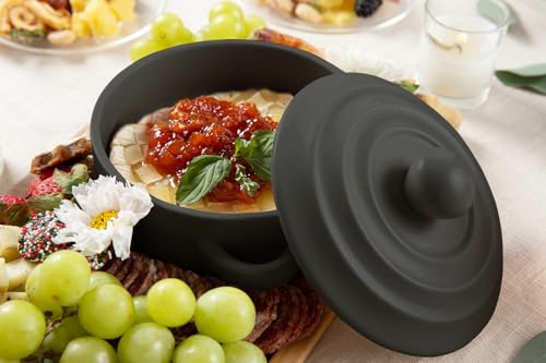 Stoneware Brie Cheese Baking Dish and Warmer with Lid - Oven Safe - Great for Charcuterie Board and Grazing Table Accessories - Perfect for Camembert, Baked Brie, Fondue, Dip - Oven Safe Ceramic Crock