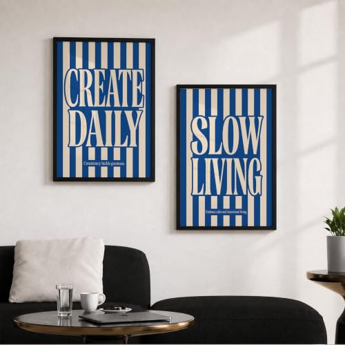 Image of Suneree Slow Living Create Daily Wall Art Set of 2 Framed Paintings | Blue Striped Typography Motivational Poster | Office Bedroom Home Decor (Art 22, 10x13 Inches, Black)