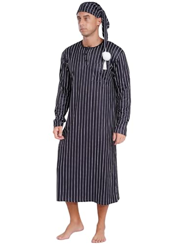 Men's 2Pcs Night Shirts Loose Robe Long Sleeve Striped Nightgown Sleepwear with Hat2