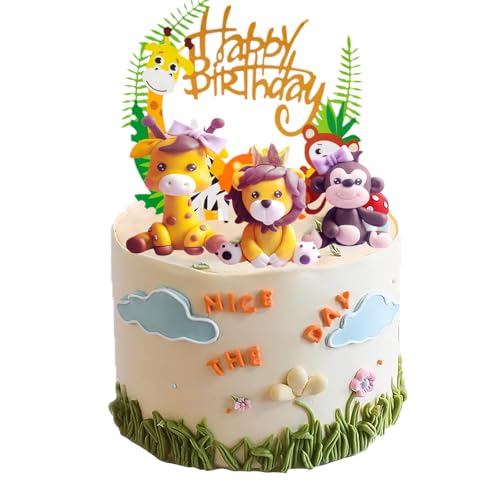 Neodtx Decoração para bolos de primeiro aniversário para bebés, meninos e meninas, decoração para bolos com animais, girafa, leão, macacão, figuras de aniversário, decoração de animais da floresta