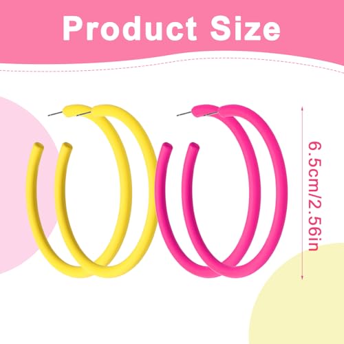 2 Pairs Neon Hoop Earrings, 80s 90s Earrings for Women Retro Candy Color Large Hoop Earrings Lightweight Dangle Earrings for 80s Costume Party Accessories (Yellow and Hot Pink)2