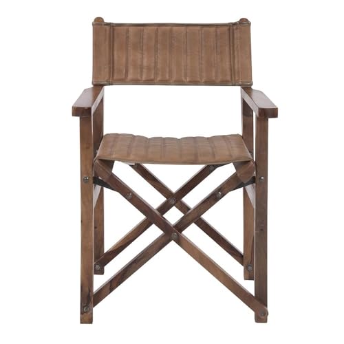 Image of Howard Elliott Collection Premium Wooden Wide Leather Director's Chair with Brown Frame, Foldable & Collapsible Upholstered Wooden Leather Chair Canvas for Directing, 22 x 22 x 34 Inches, Brown