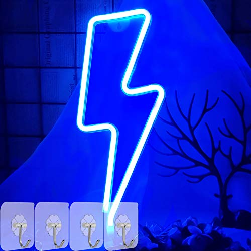 YIVIYAR Lightning Bolt LED Neon Signs Light for Wall Decor Bedroom, Blue Lightning Neon Light Sign Battery/USB Powered LED Neon Wall Sign Night Lamp with 4PCS Hooks for Girl Room Decor(Blue Lightning)