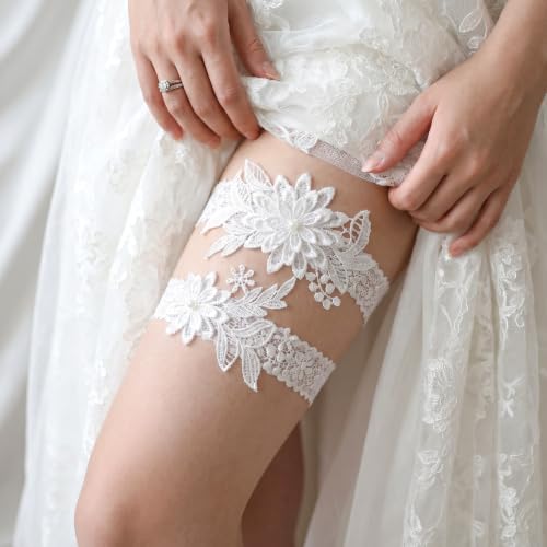 Image of Lusofie 2Pcs Bridal Wedding Garter, Wedding Garter for Bride Women | White Lace Floral