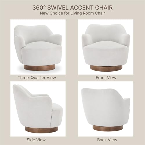 Image of KISLOT, Swivel Accent Chair, Arm Chair with Wooden Base, White, Set of 2 | Upholstered Barrel Chair with Curves Camel Back Design, Modern Arm Chair with Wooden Base, Living Room Bedroom Reading